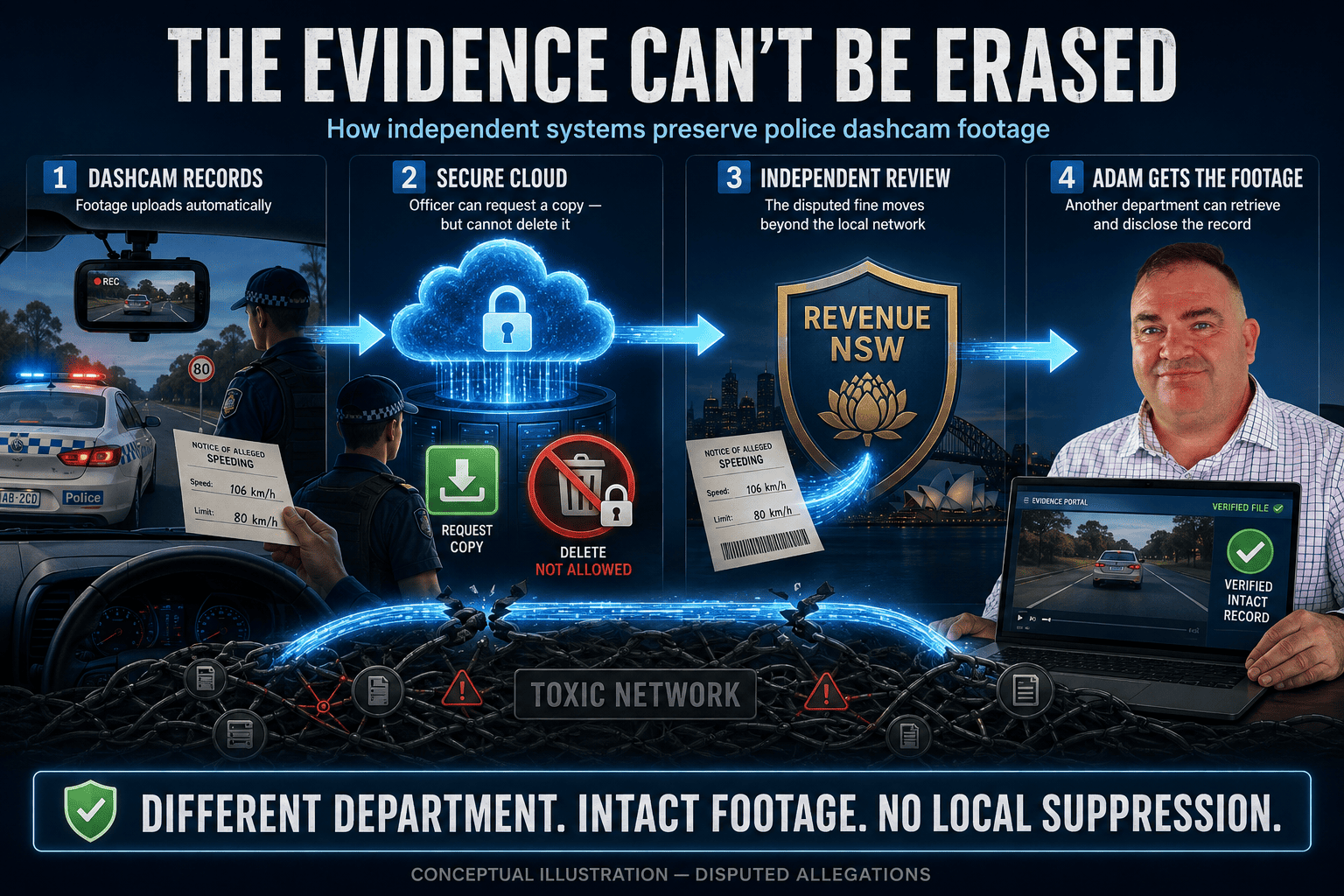 Diagram showing how dashcam preservation works — cloud upload, Revenue NSW access, chemist CCTV redundancy