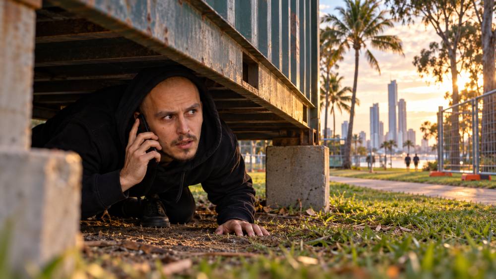 Kosta hiding under a container calling police