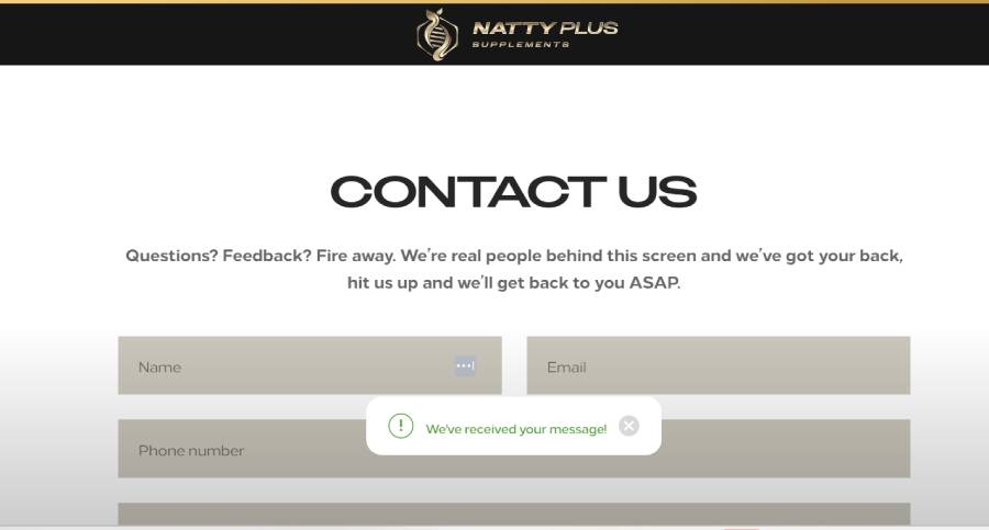 Confirmation of message sent to NattyPLUS support
