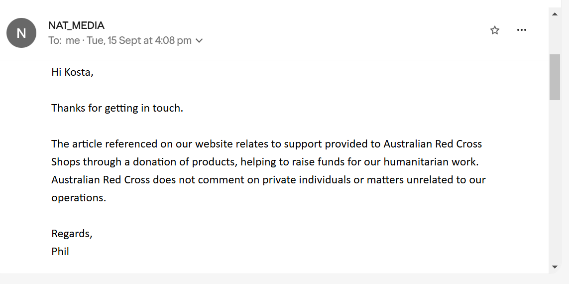 Red Cross email response — does not answer the Working with Children question