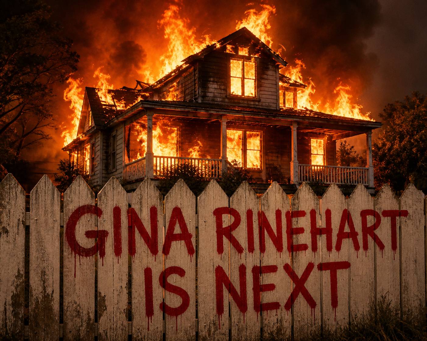 Artist's rendition — Gina Rinehart firebombing