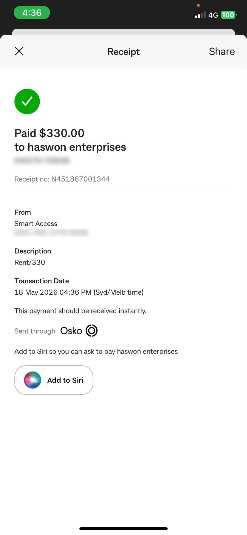Rent payment receipt to haswon enterprises — bank account details filtered