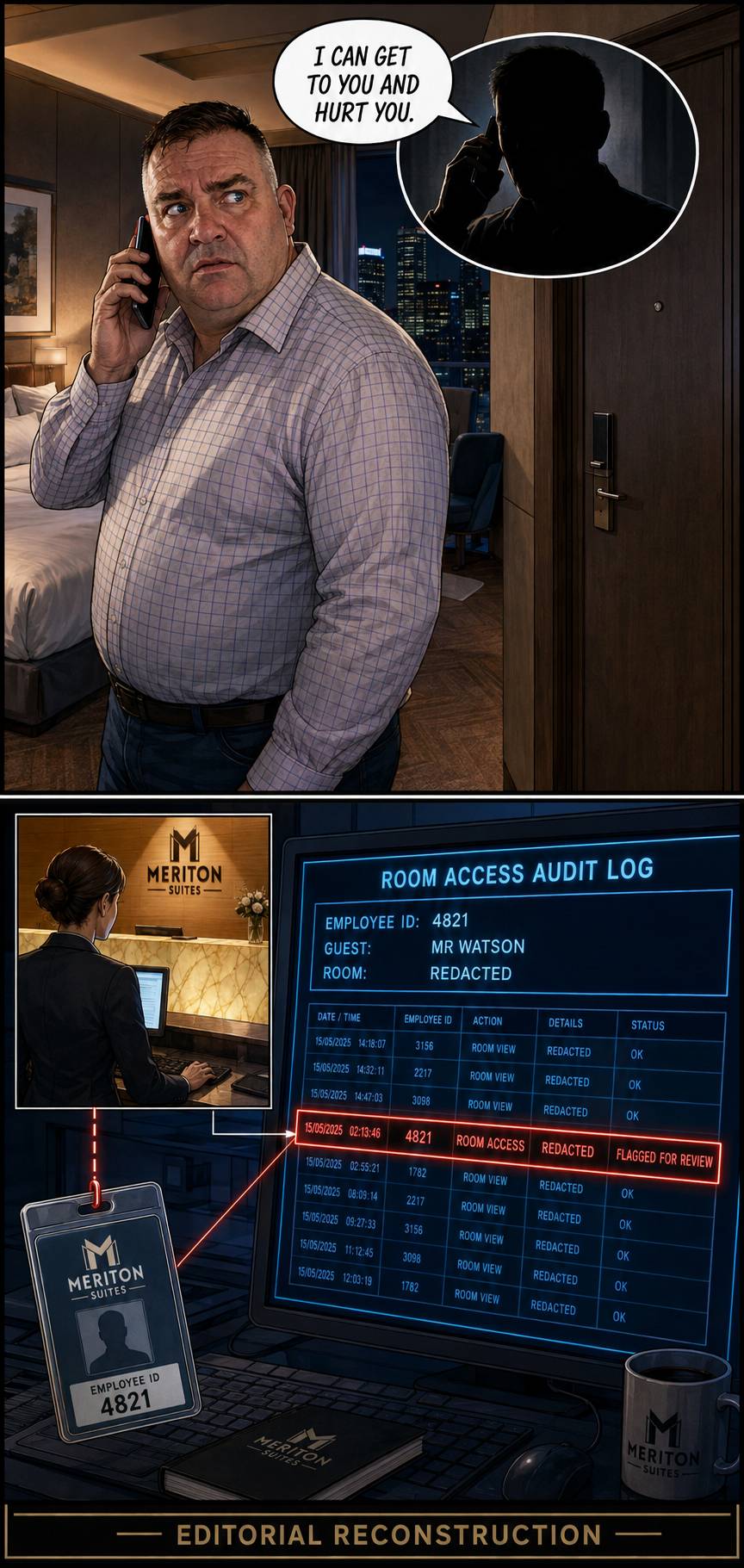 Meriton access — Bodie saying he can get to you and hurt you