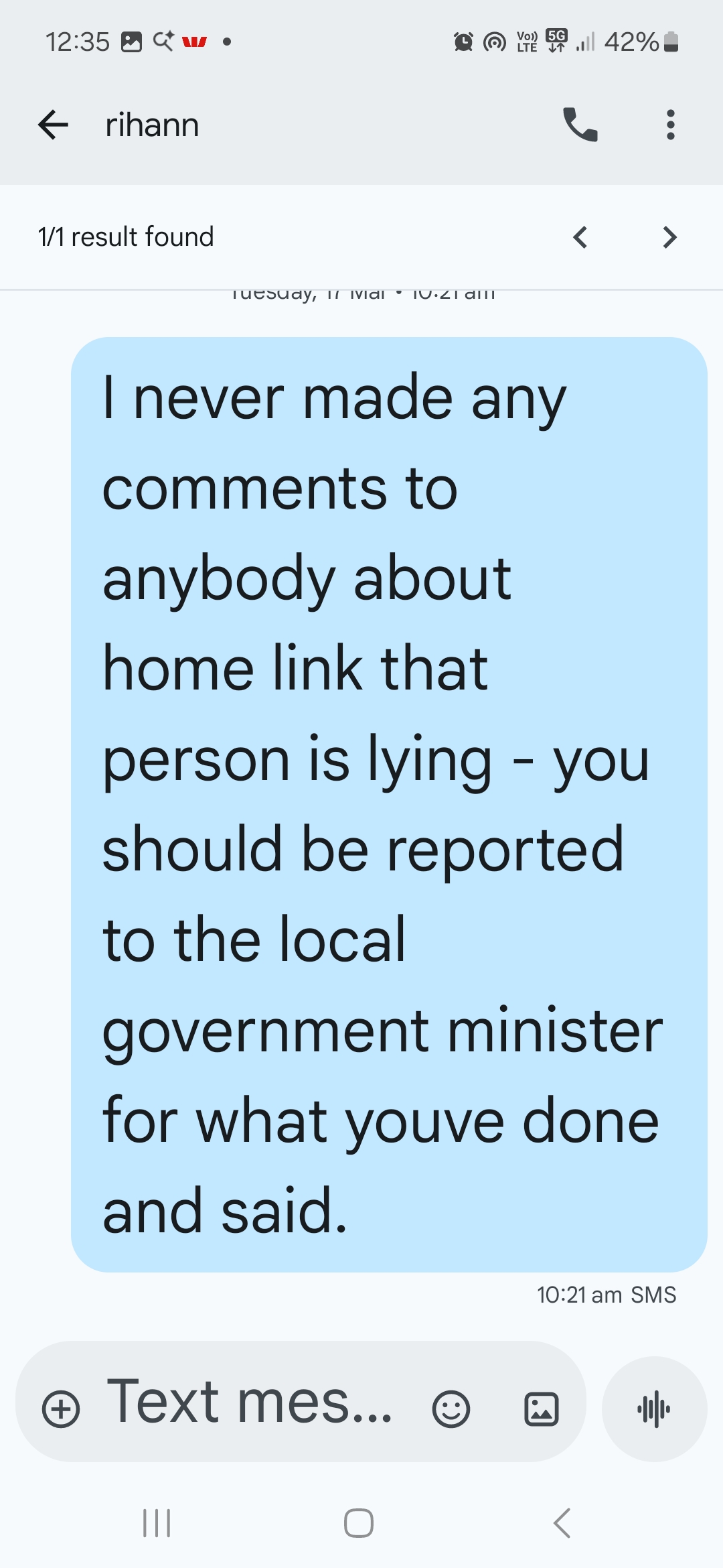SMS — Kosta's reply