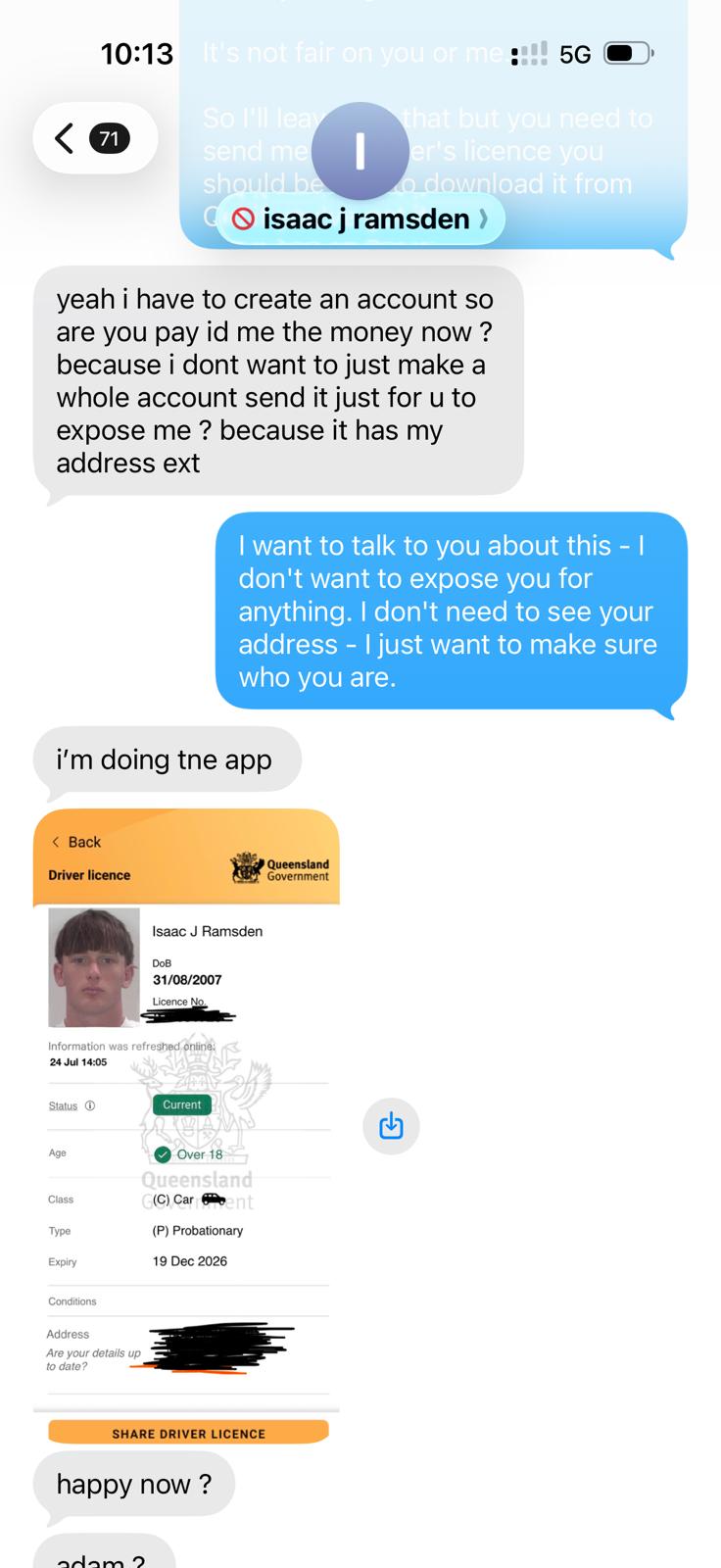 Fake driver's license message from Isaac Ramsden
