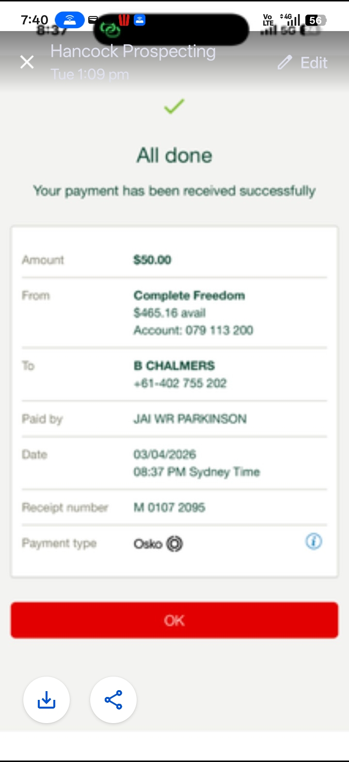 Receipt — Jai's payment to B Chalmers