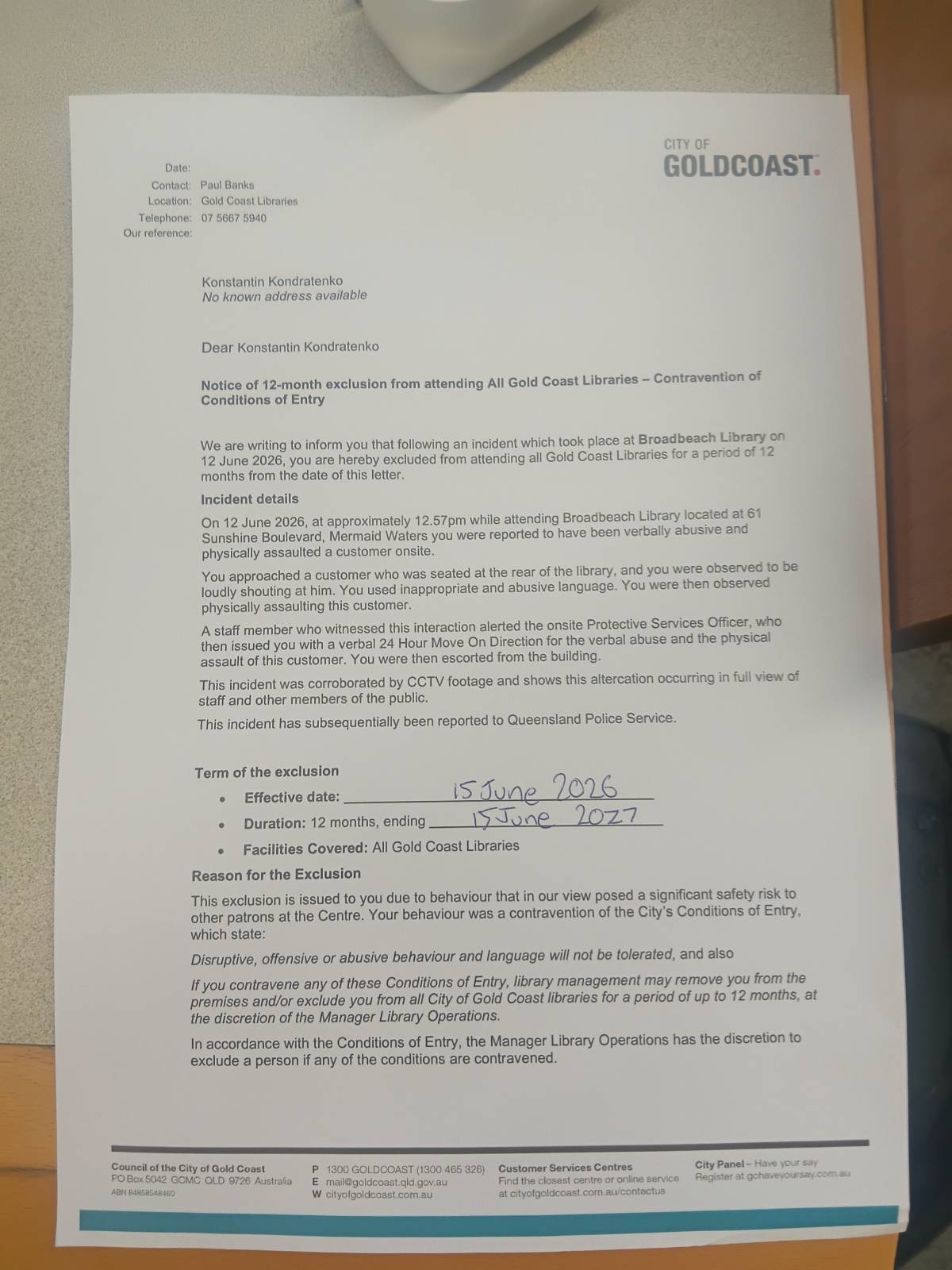 Gold Coast Libraries — 12-Month Exclusion Notice · Kosta Kondratenko