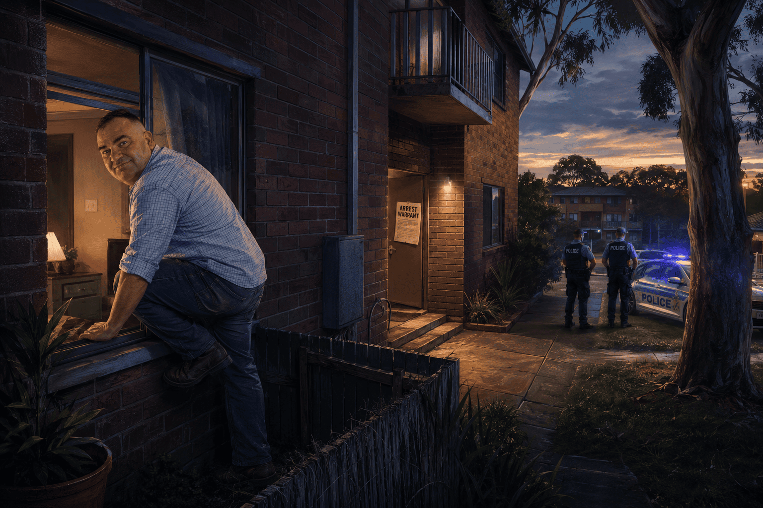 Adam Watson climbing through window while police nearby