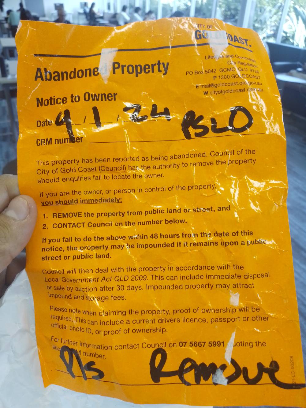PSLO Abandoned Property sticker — 9 January 2024