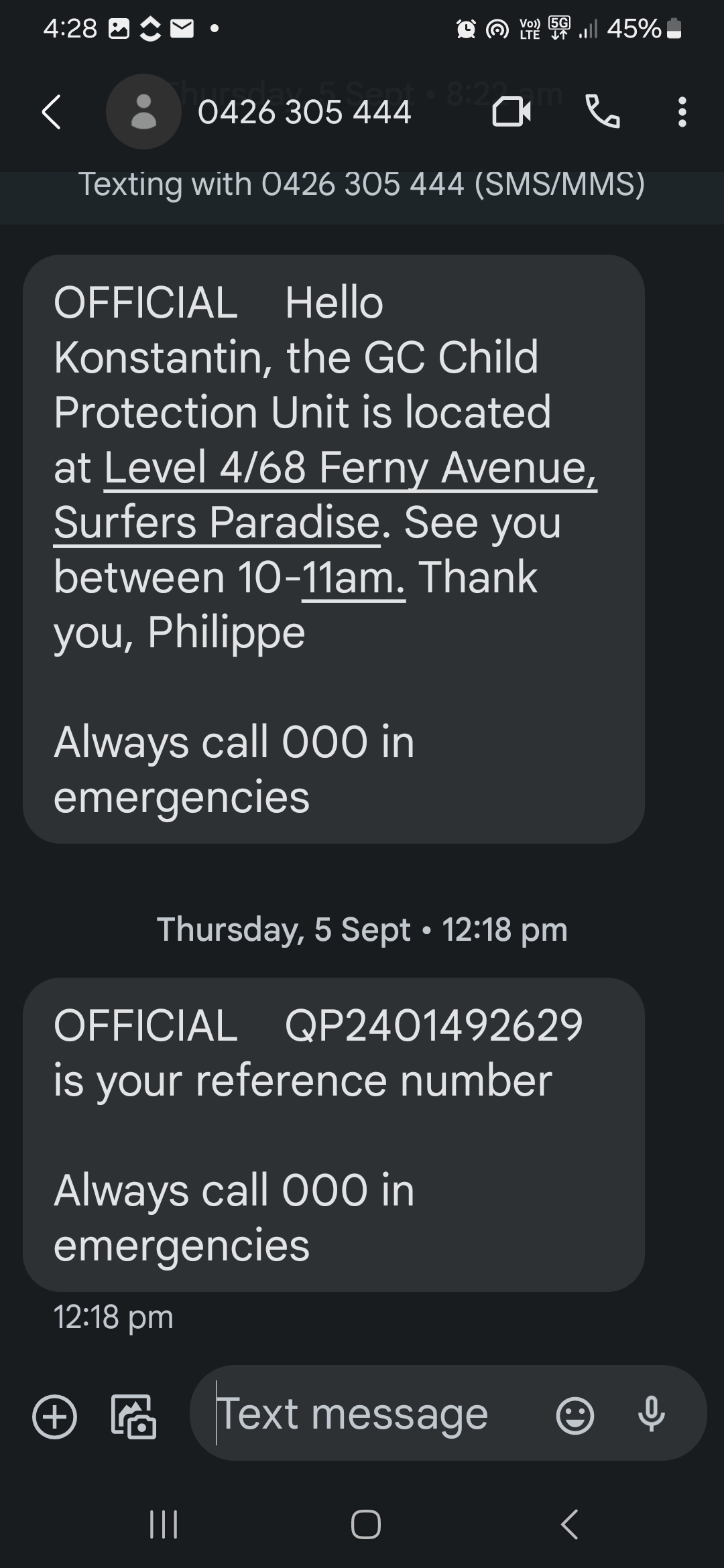 Police SMS directing assault victim to Child Protection Unit