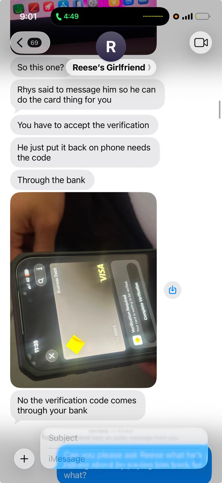 Messages coordinating verification of a card loaded onto a device