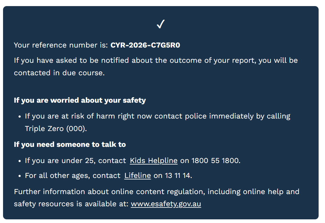 eSafety Commissioner report confirmation — reference CYR-2026-C7G5R0
