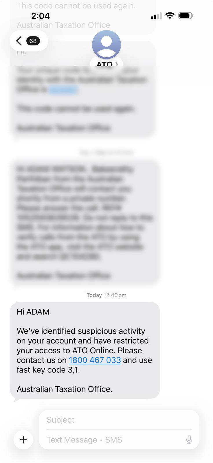 ATO SMS — suspicious activity identified