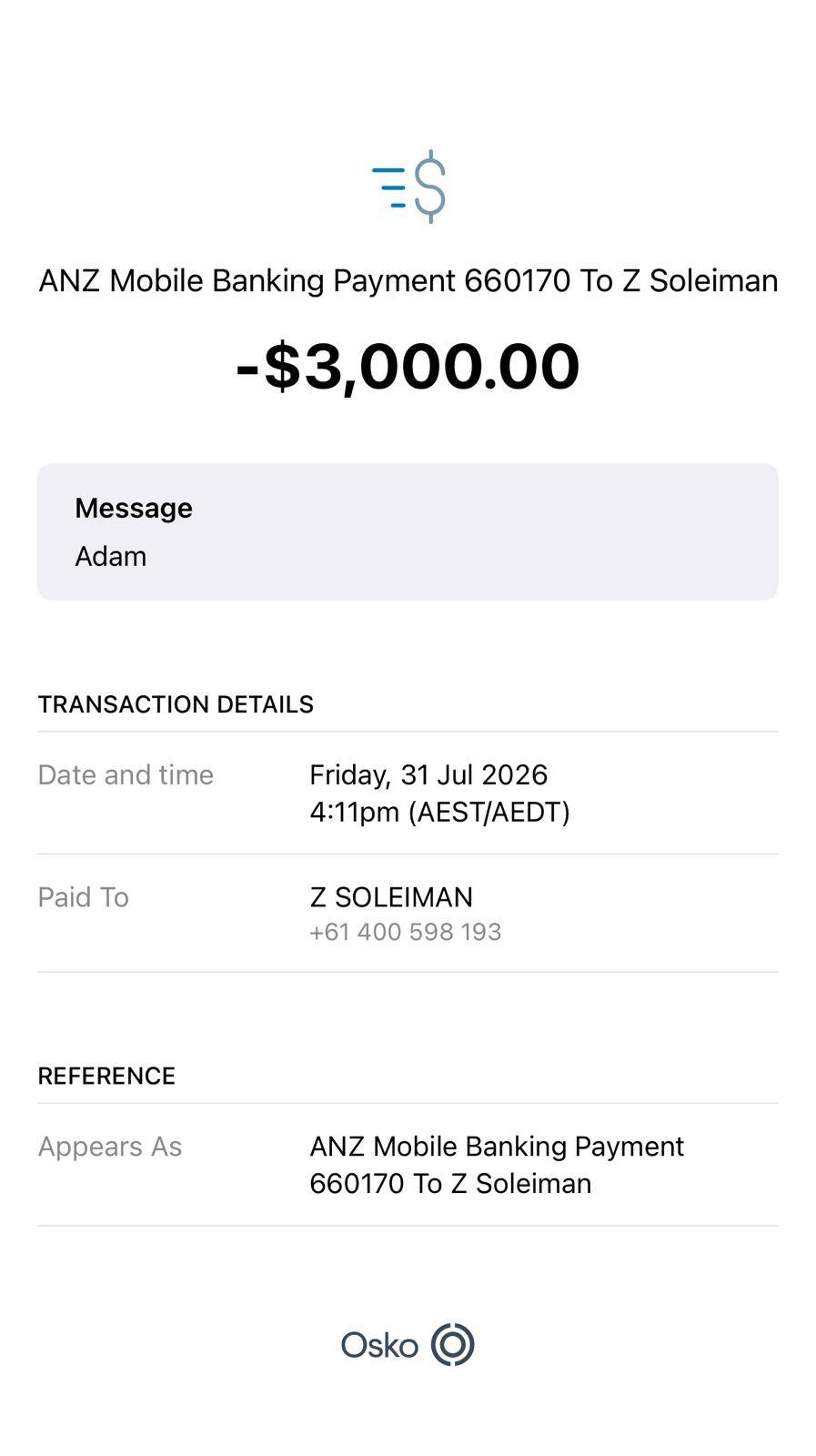 Evidence of the $3,000 payment