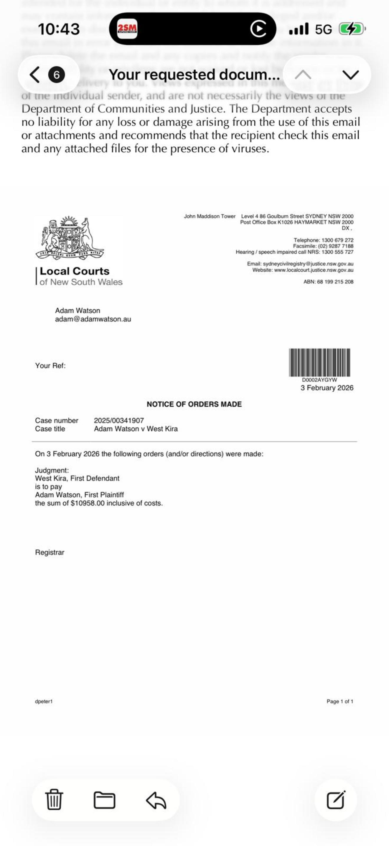 Notice of Orders Made — Adam Watson v West Kira — Local Courts NSW