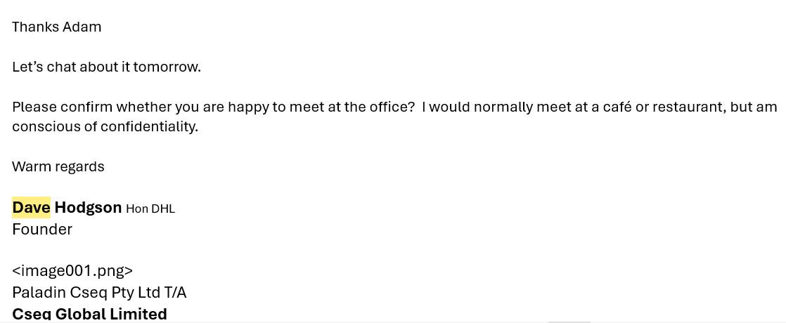 Email from Dave Hodgson — Founder signature, CSEQ Global