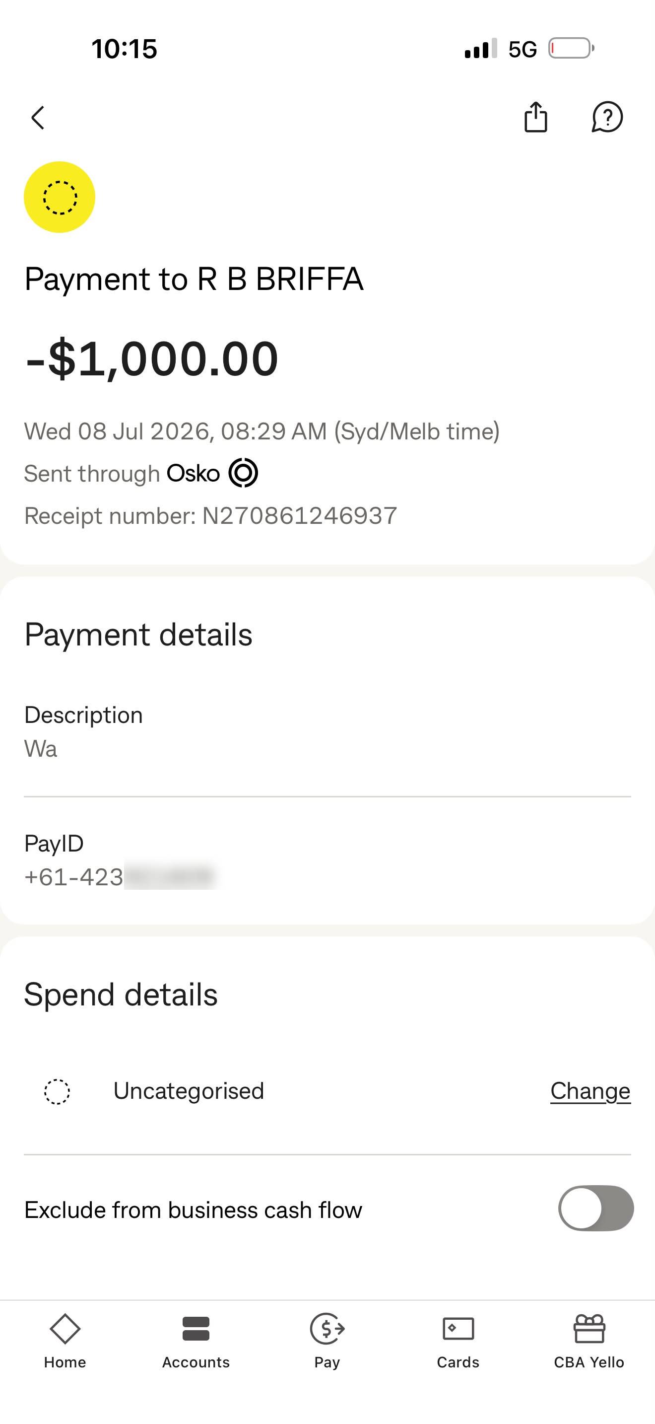 Receipt — Adam Watson payment to R B BRIFFA (RBK), $1,000, Osko
