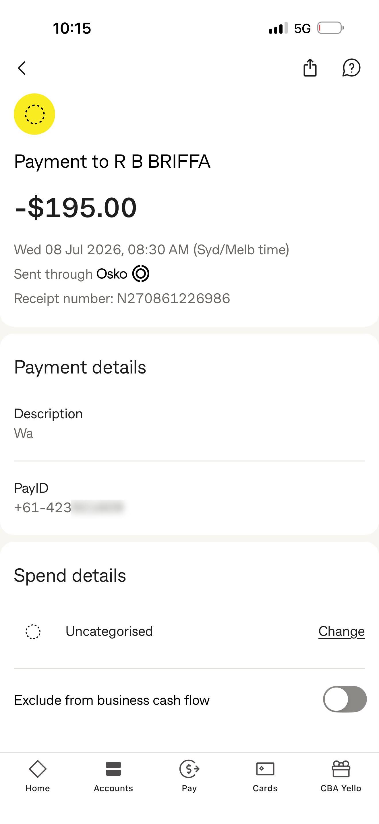 Receipt — Adam Watson payment to R B BRIFFA (RBK), $195, Osko